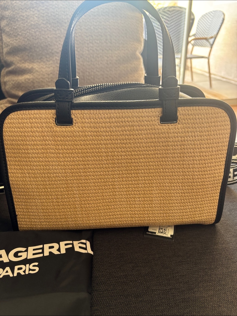 KARL LAGERFELD Paris Black & Natural Straw Satchel - Picture 2 of 3